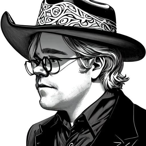 Prompt: Philip Seymour Hoffman dressed as Cowboy wearing cowboy hat  |  art nouveau portrait |Side Profile | black and white illustration.