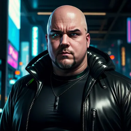 Prompt: Cyberpunk, Fat White Man, Bald head, Goatee,  glaring at camera