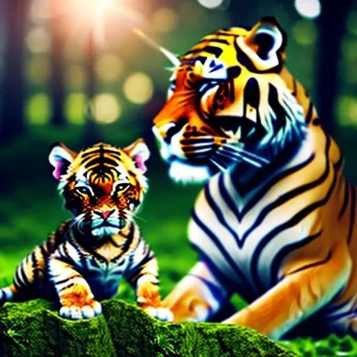 Prompt: realistic big tiger calmly sitting, tiny baby tiger next to him, realistic forest background