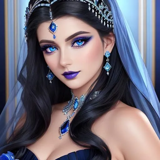 Prompt: a Sapphire lady, feminine elegant princess ,  dark hair, large blue eyes, wearing jewls in her hair,  beautiful makeup, blue eyeshadow, dark pink lipstick, facial closeup