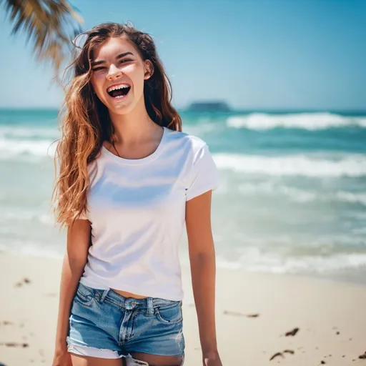 Prompt: a young woman, realistic, happy, full body, look on camera ,wearing white t-shirt, on summer vacation ,beach background 