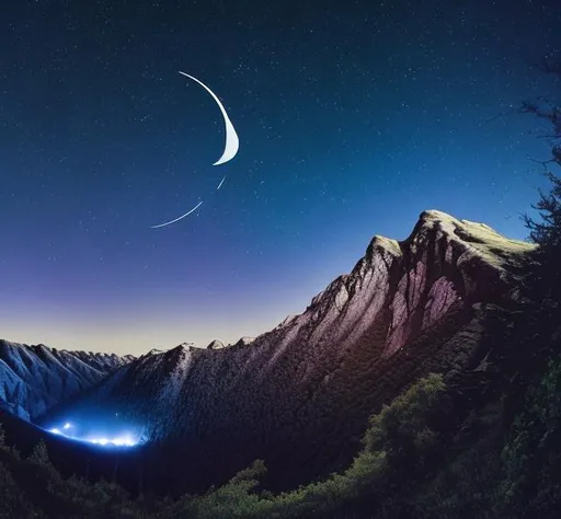 Prompt: Raging mountain with crescent moon, forest and night sky 