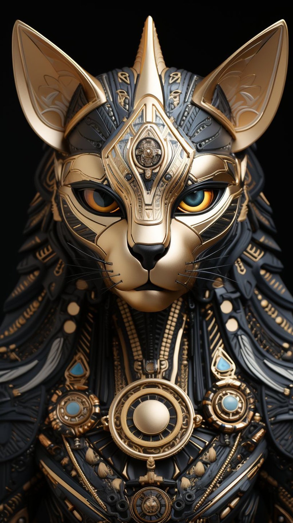 Prompt: Bast, ancient Egyptian goddess worshiped in the form of a lioness and later a cat, in the style of high - tech futurism, stop - motion animation, chrome reflections, embossed, gold and black, mind - bending patterns, moche art