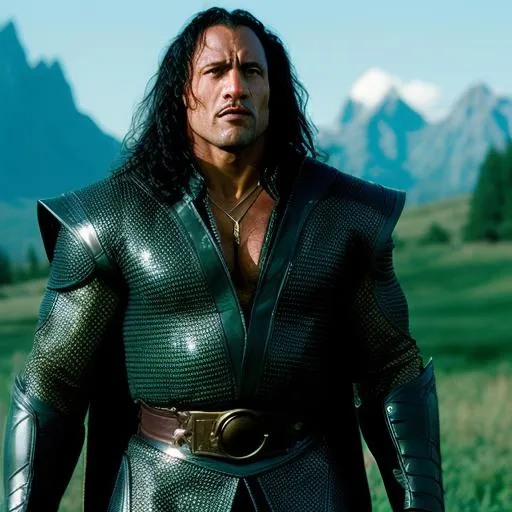 Prompt: The Rock, WWE superstar, as a 1980s dark fantasy lord of the rings character, 

