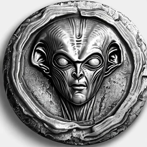Prompt: A large ancient Greek silver coin with raised edges depicting an alien with large head and large eyes. Photorealistic, studio lighting
