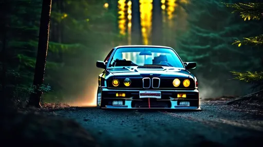 Prompt: wide body heavily modified BMW e30 m3 at illegal meet, dark and shadowy background, in the Canadian forest, 30 minutes after sunset, long depth of field.