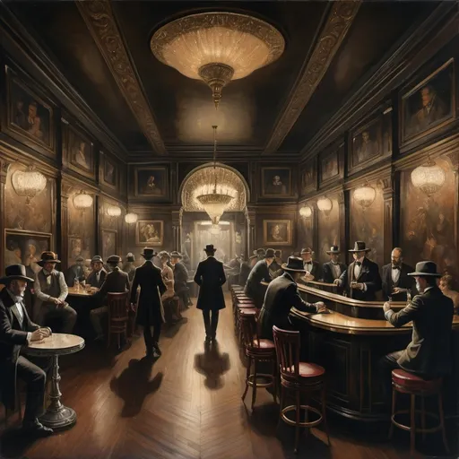 Prompt: a highly detailed painting of the interior of a dark, smoky, and jazz age nightclub, in the style of Rembrandt