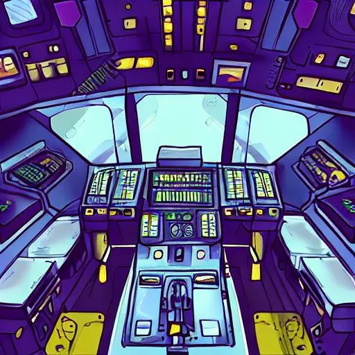 Prompt: The inside of a space ship cockpit in space  cartoony style 