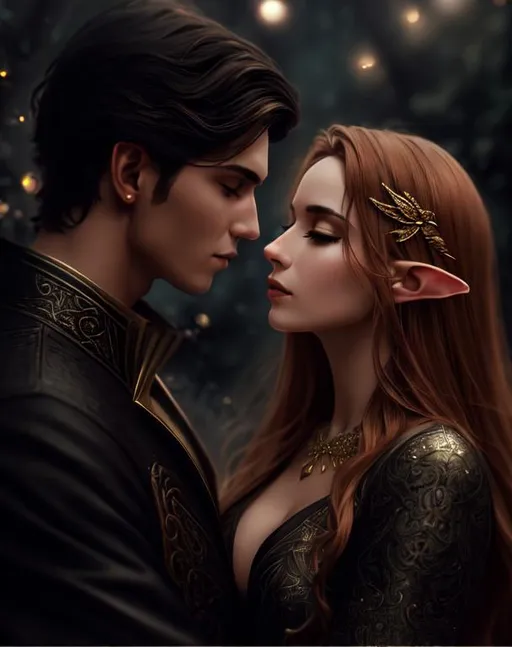 Prompt: Elf. Illyrian wings. Night ambient scenery. Mist, smoke. Analog style portrait+ style, woman and man couple, hugging, kissing. Hyperealistic 8k shot, high-resolution, Up-close focus, Highly detailed face, UHD, HD, 8k. Elain Archeron and Azriel from ACOTAR book series. Elain has long flowing golden-brown hair, soft features, fair skin, black dress. Azriel has golden-brown skin, short black hair, sharp facial features, brooding look, strong jawline, high cheekbones, hazel eyes, graceful, dark practical clothes, deep blue, silver and metallic details, stealth.