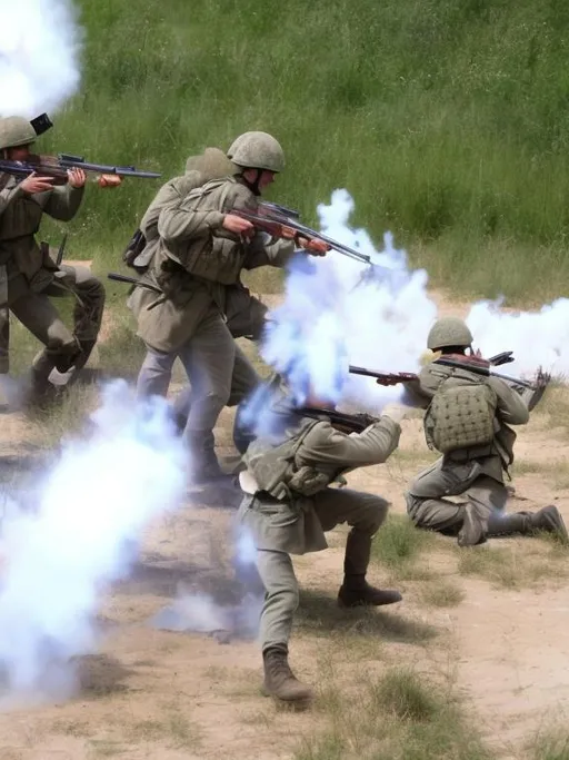 Prompt: Battlefield image of soldiers shooting 