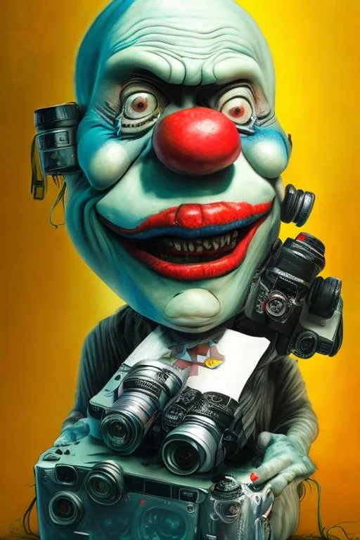 Prompt: Ugly smiling clown holding big photographic camera.  Standing on the street. Peple walking. Scarry. hyper detailed, trending on artstation, beautiful, radiant, ralph steadman, oil on canvas, beksinski, yellow and green