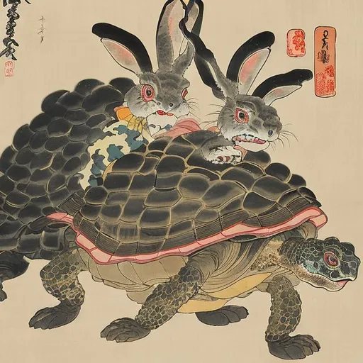 Prompt: "Hare and Tortoise as Yōkai, Japanese painting, 1800"