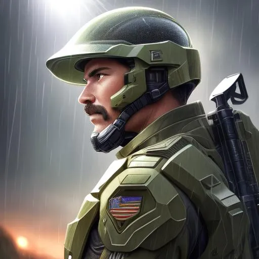 Prompt: Professionally illustrated art of a marine from Halo standing in the rain, intricate details, full-body portrait, headshot, HDR, 64K, highly detailed, bright sun rays, best version, handle bar mustache