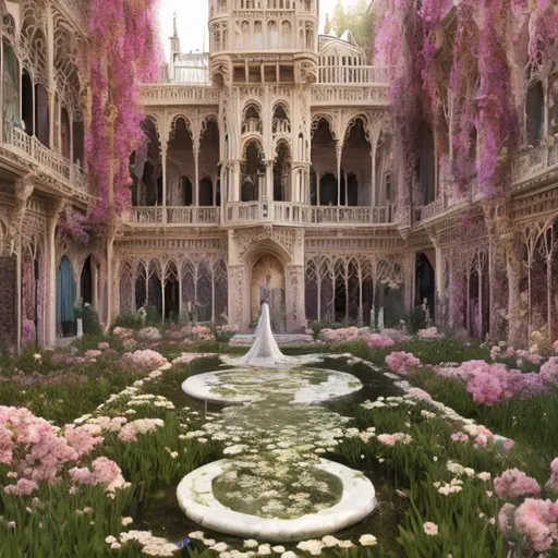 Prompt: Spring court from court of Thornes and roses with an ebsorbitant amount of flowers and ghotich and victorian architecture whit rampicants that dall' down the walls and Little fountains immersed in flowers