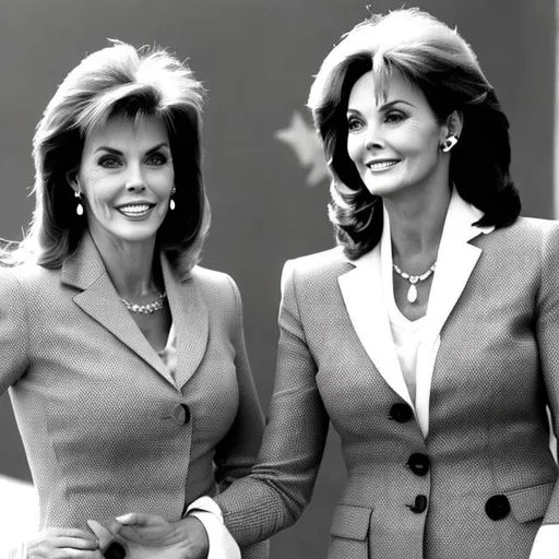 Prompt: Joanna Cassidy and Lynda Carter as two aspiring Reagan era politicians after winning a recent election in the local primaries.