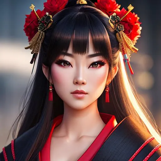 Prompt: female dressed as samurai, gorgeous, attractive, flirting, (((full body visible))), looking at viewer, portrait, photography, detailed skin, realistic, photo-realistic, 8k, highly detailed, full length frame, High detail RAW color art, piercing, diffused soft lighting, shallow depth of field, sharp focus, hyperrealism, cinematic lighting