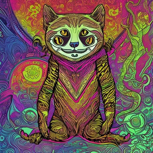 Prompt: Psychedelic tabby cat with a small backpack riding a sloth 