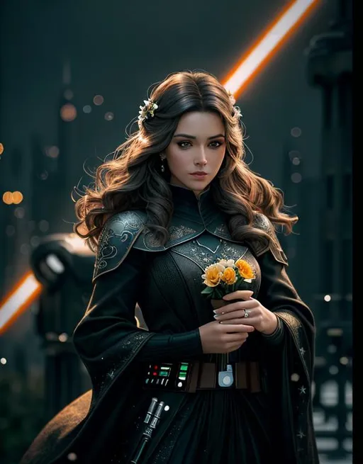 Prompt: ((Best quality, 8k, Masterpiece :1.3)), Sharp focus :1.2, A pretty woman perfect figure :1.4, intricate star wars architecture, looking at viewer, portrait, photography, detailed skin, flowers, realistic, photo-realistic, 8k, highly detailed, full length frame, High detail RAW color art, piercing, diffused soft lighting, shallow depth of field, sharp focus, hyperrealism, cinematic lighting,(button up long dress :1.1), (light, mosque:1.2), Highly detailed face, detailed eyes, double eyelid, headscarves, wear long head scarf covering full head long green dress, royal dress. islamic clothes covering full body . realistic shot, reality, realistic, fantastic, full detail cover, 