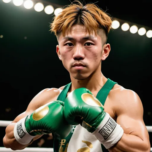 Prompt: Imagine a Japanese boxer resembling Naoya Inoue with golden and brownish hair. He is flexing his strong muscles with arms raised up. He is wearing green boxing gloves.