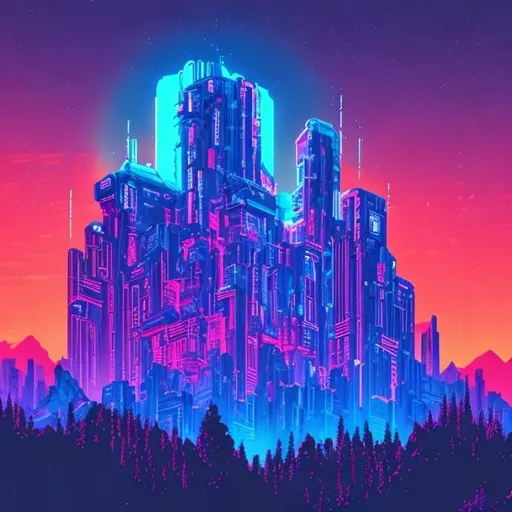 Prompt: Synthwave Fortress. Cyberpunk Castle in the mountains. 