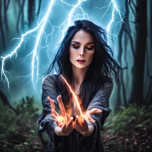 Prompt: Dark haired lightning witch casting a lightning spell in the forest