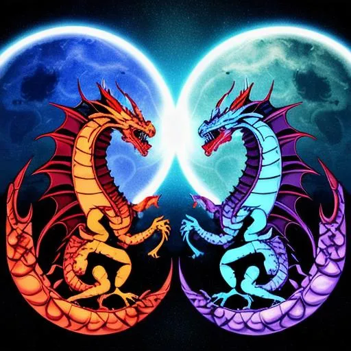 Prompt: TWIN DRAGON DOING A DRAGON RITUAL ONE IS BLUE ONE IS RED ON MOON THERE ARE FLAMES EVERYWHERE
