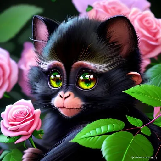 Prompt: Medium shot super detailed lifelike illustration, intricately detailed, animated cartoon fictional monkey with big bubbbly eyes cute adorable wearing all black with cat ears 

iridescent reflection, cinematic light, movie 
 Lots of green bushes beautiful roses 

volumetric lighting maximalist photo illustration 4k, resolution high res intricately detailed complex,

soft focus, realistic, heroic fantasy art, clean art, professional, colorful, rich deep color, concept art, CGI winning award, UHD, HDR, 8K, RPG, UHD render, HDR render, 3D render cinema 4D
masterpiece photoghrafic real digatal ultra realistic hyperdetailed 

iridescent reflection, cinematic light, movie 



volumetric lighting maximalist photo illustration 4k, resolution high res intricately detailed complex,

soft focus, realistic, heroic fantasy art, clean art, professional, colorful, rich deep color, concept art, CGI winning award, UHD, HDR, 8K, RPG, UHD render, HDR render, 3D render cinema 4D