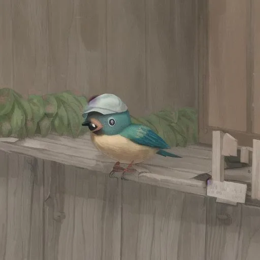 Prompt: cute little  bird ,wearing a cap ,and going to the market