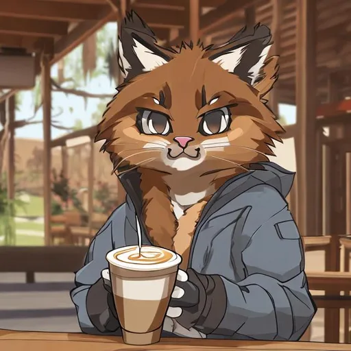 Prompt: anime bobcat holding coffee