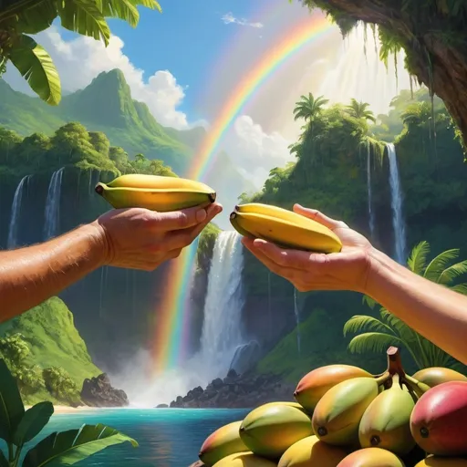 Prompt: (tropical island scene), hands exchanging bananas for mangos, vibrant colors, (lush greenery), a stunning rainbow arching across the sky, cascading waterfall in the background, bright sunlight illuminating the scene, soft shadows, tranquil ambiance, exotic feel, (ultra-detailed) realism, inviting tropical paradise atmosphere.