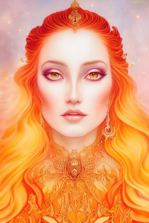 Prompt: a close up portrait of An intergalactic beautiful empress, beautiful symmetrical face, silky gradient red hair hair, golden eyes, wearing a exquisite gown with delicate intricate details, shimmer, glow. Art by  stanley artgerm, peter mohrbacher, Brian Froud, rossdraws, guweiz, wlop, ilya kuvshinov, Charlie bowater, Laura Diehl, makoto shinkai. painting by daniel f gerhartz, art by Andrew Atroshenko and Edouard Bisson. highly detailed, sharp focus, ethereal, fantastic view, dreamy, Epic, celestial, sparkling, glossy, light emitting,  inner light.

