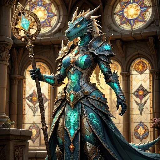 Prompt: Female dragonborn cleric, slender full-body pose, mystical aura, clad in intricately designed armor adorned with symbols of faith, glowing runes, carrying a staff crowned with a radiant gem. Background of an ancient temple, ambient light filtering through ornate stained glass, warm colors casting an enchanting glow, atmospheric yet empowering, ultra-detailed, stunning fantasy art.