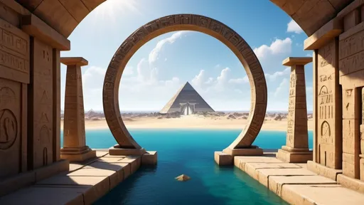 Prompt: circular portal, gateway between cities realms worlds kingdoms, ring standing on edge, freestanding ring, hieroglyphs on ring, complete ring, obelisks, pyramids, panoramic view, atlantis setting