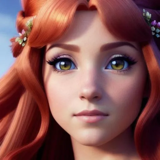 Prompt: a realistic feminine princess, Rapunzel, but with red hair and ambrr eyes, HD
