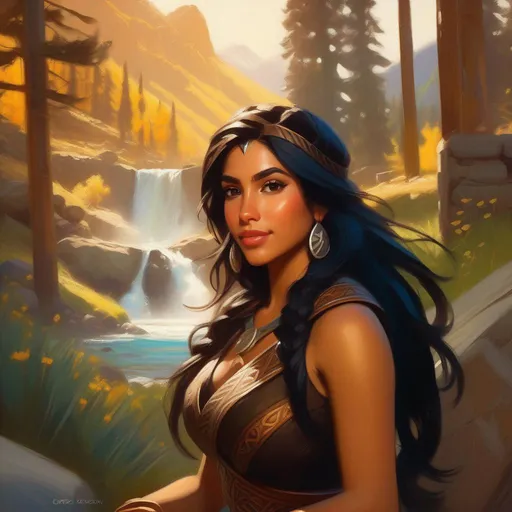 Prompt: Latina girl in Skyrim, cartoony, sunny atmosphere, extremely detailed painting by Greg Rutkowski and by Henry Justice Ford and by Steve Henderson