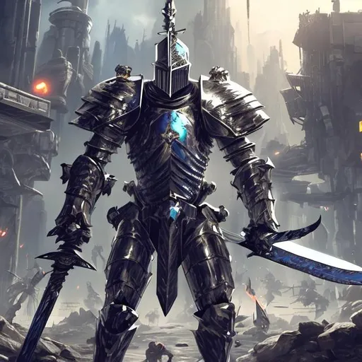Prompt: A knight with metal armor and a double edged sword fighting an army of robots in a futuristic city.