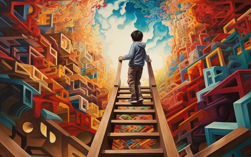 Prompt: a boy climbing up a ladder in a colorful abstract art design, in the style of hypnotic symmetry, otherworldly illustrations, hyperrealistic murals, children's book illustrations, spectralist, chicano art, long lens