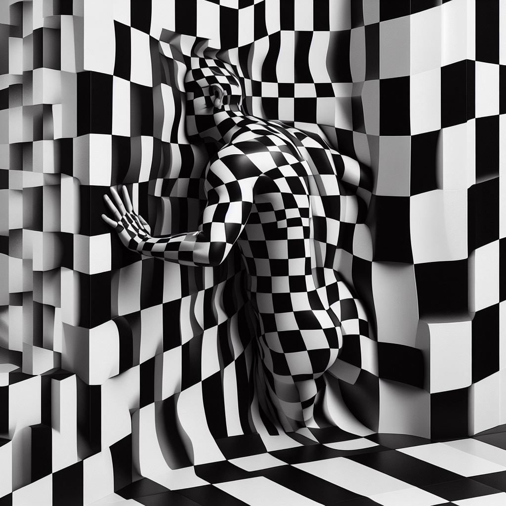 Prompt: checkerboard man emerge from the chekerboard wall