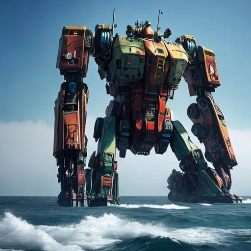 Prompt: giant mech in the pacific ocean looming over a fishing boat