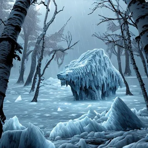 Prompt: Demonic force, ice, rain, iceberg, icy tundra, bleeding, blood, animalistic, demonic, draconic, forest, trees, birch