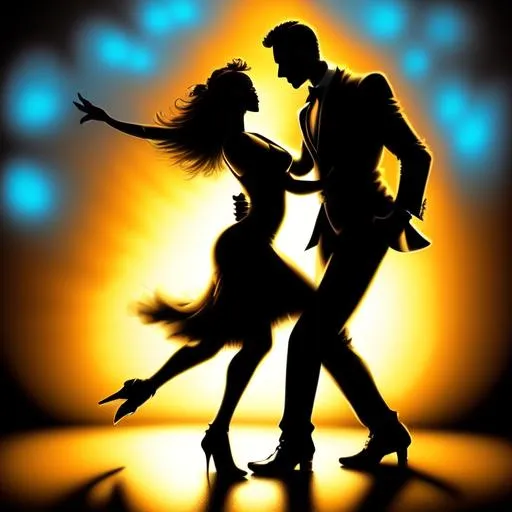 Prompt: silhouette of a couple dancing argentine tango against a spotlight