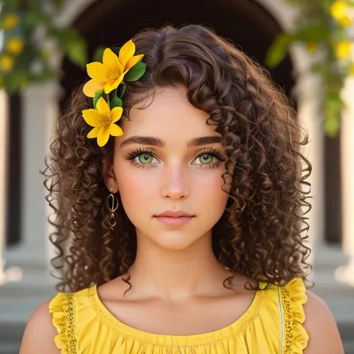 Prompt: A girl with curly brown hair ,green eyes, wearing yellow, yellow flower in her hair, facial closeup