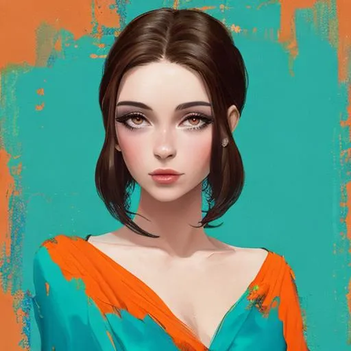 Prompt: painted woman with brunette hair and a aqua/orange background