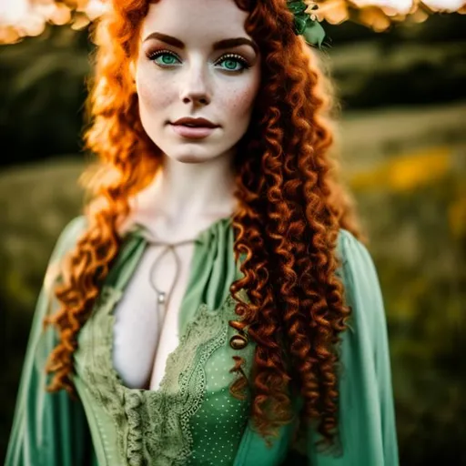 Prompt: Raw hd 
Cottagecore scotland lass red long curly hair, yellow ambar eyes, pale skin with freckes 
Dressing like 18th century green gown