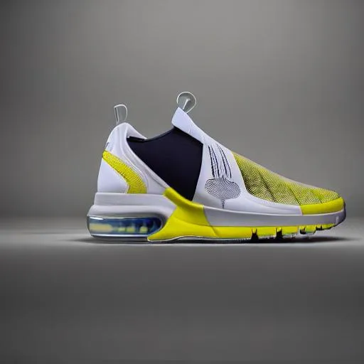 Prompt: a studio photoshoot of A Nike air max scorpion sneaker, knited and pvc, lemon, realistic, color film 
