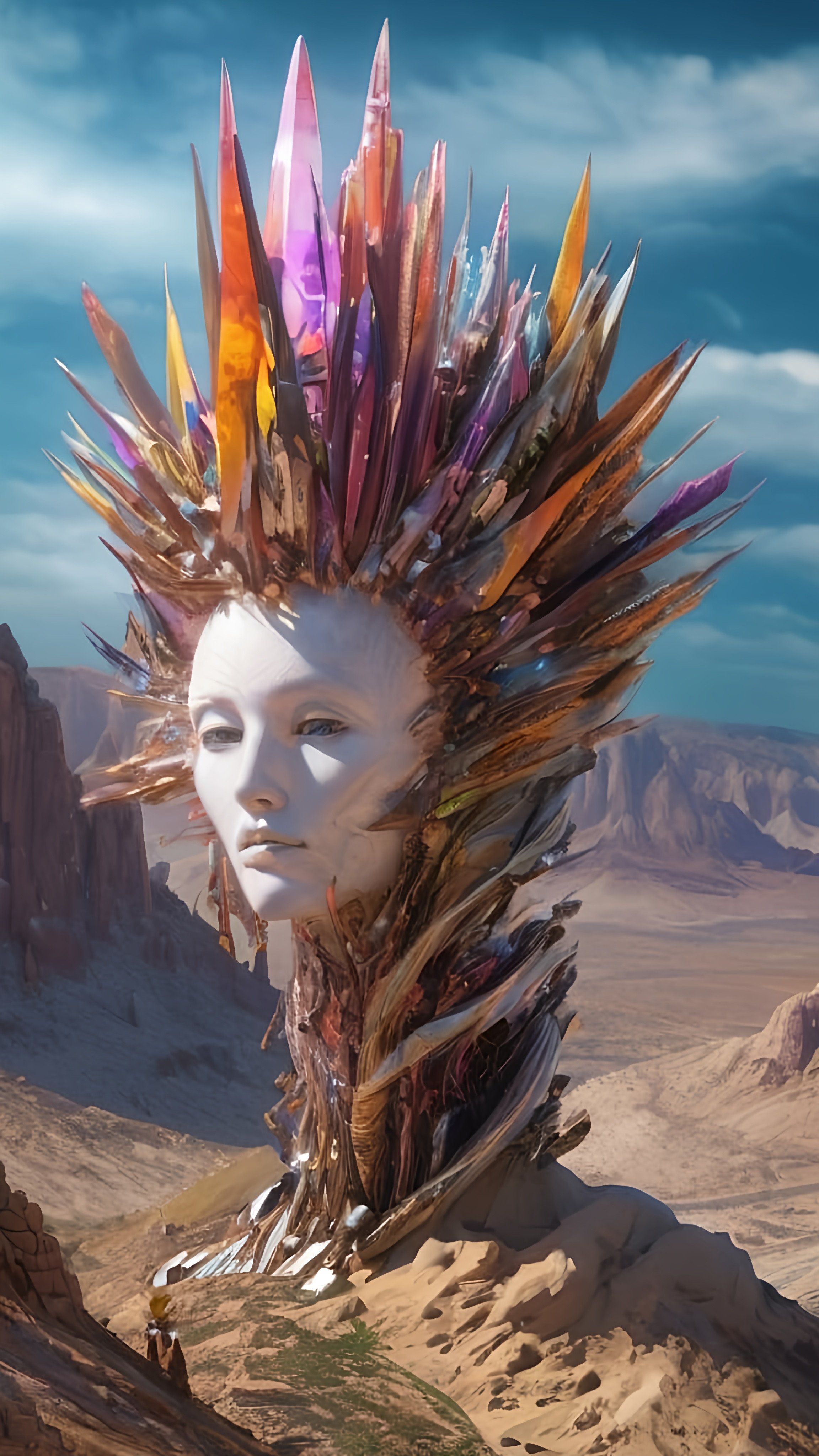 Prompt: a strange head with a bunch of feathers on it's head and a mountain in the background with a sky