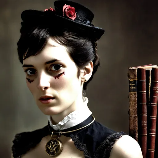 Prompt: "Photorealistic Victorian woman scholar in practical but elegant attire, neck scar partly hidden by high collar with protective silver threading, occult research journal with vampire lore, steampunk blood analysis kit, psychic dampening headpiece with brass components, library setting with ancient tomes --ar 3:4 --s 1000"