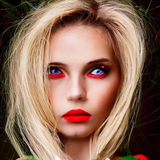 Prompt: Symmetry, beauty, poise, perfection., apprehension, eyes, smile, petite, blond, green, red lips, high cheek bones, expression, 