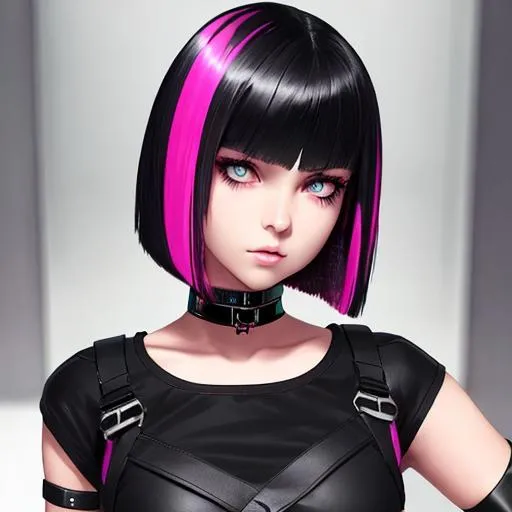 Prompt: cyber punk, insanely beautiful 12 year old girl. black with pink streaks bob cut hair.  wearing a tight black top and black jeans. perfect grey eyes. perfect anatomy. symmetrically perfect face. hyper realistic. soft colours. no extra limbs or hands or fingers or legs or arms. full body view.