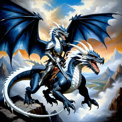 Prompt: many Dragon riders Chivalric Knights in realistic oil painting, flying through the sky in combat with each other, majestic white dragons with vibrant white scales and fur, white ethereal wings, flowing white hair, fierce expression, mythical landscapes, high fantasy, Dragon riders Chivalric Knights in realistic oil painting, flying through the sky in combat, majestic Black dragons with vibrant  dark blue metallic scales, dark ethereal wings, flowing, fierce expression, mythical landscapes, high fantasy, oil painting, vibrant colors, epic scale, detailed armor, stunning face, atmospheric lighting, professional, highres, fantasy, oil painting, dragon rider's Knights, flying, majestic, Dragon's face is bearded, ethereal, fierce expression, pale colors, high fantasy